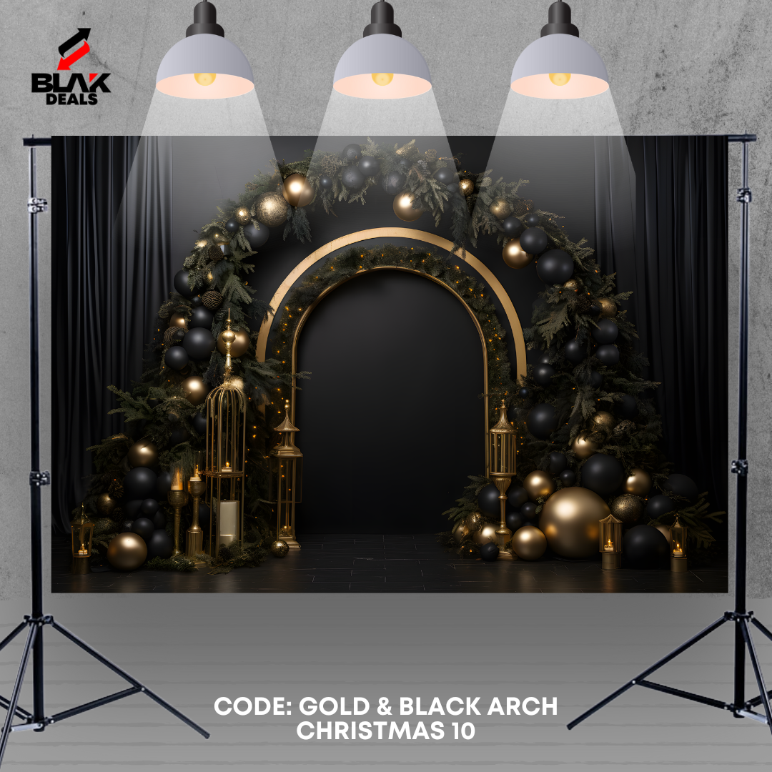 Black & Gold Christmas Arch Family Couple Photography Backdrop Photoshoot | BLAK Deals