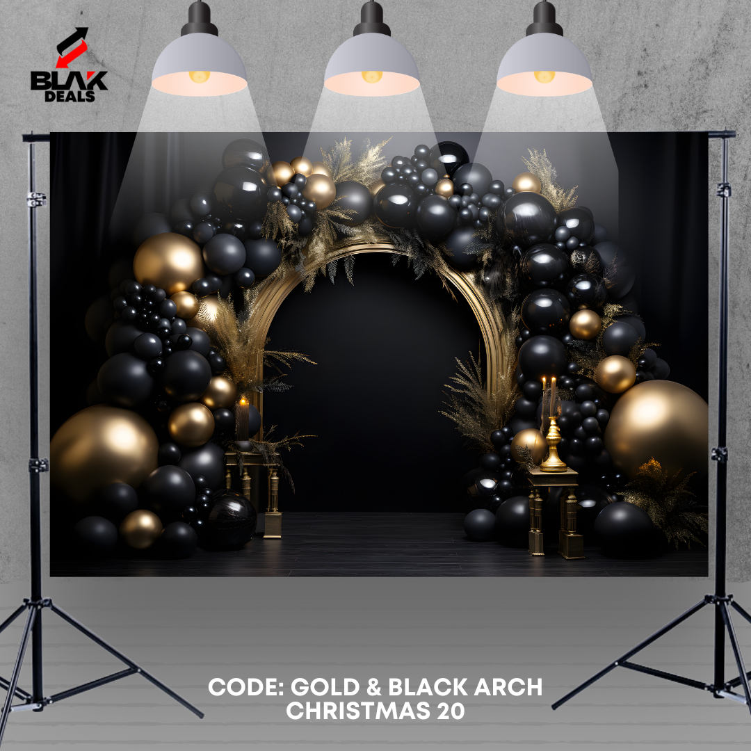 Black & Gold Christmas Arch Family Couple Photography Backdrop Photoshoot | BLAK Deals