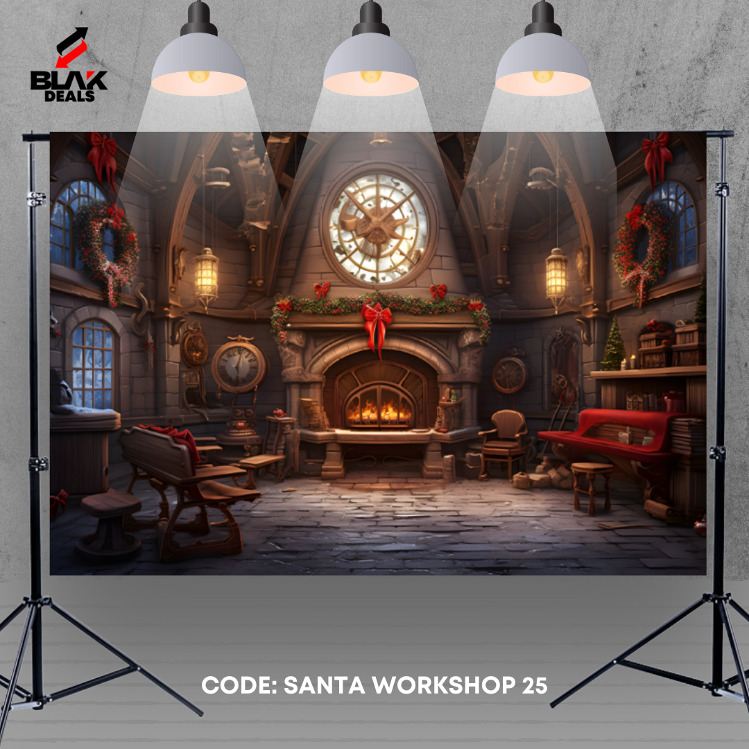 Santa Claus Workshop Family Couple Christmas Photography Backdrop Photoshoot | BLAK Deals)