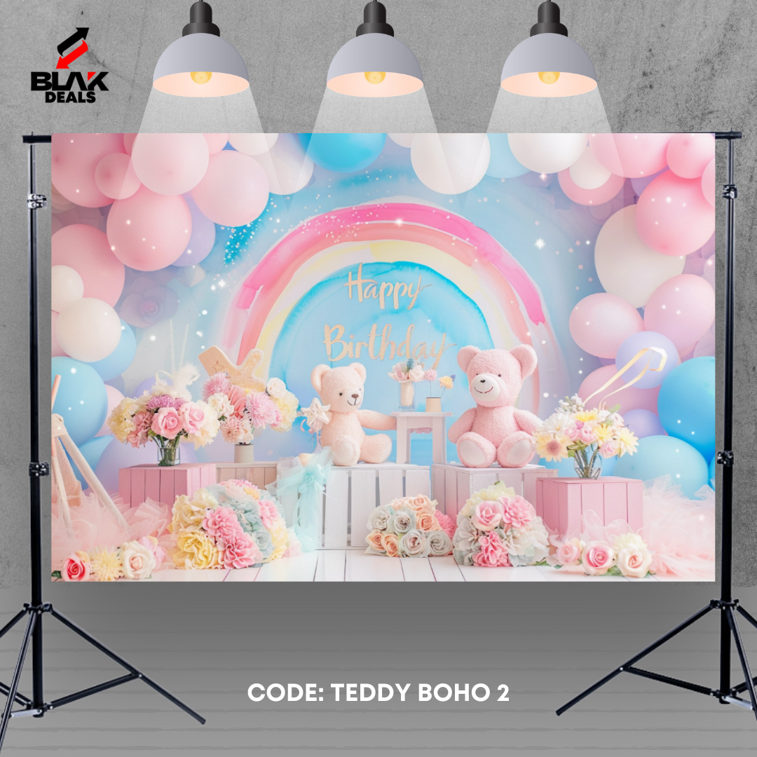 Teddy Boho Balloons Birthday Newborn Toddler Cake Smash Photography Backdrop Photoshoot | BLAK Deals