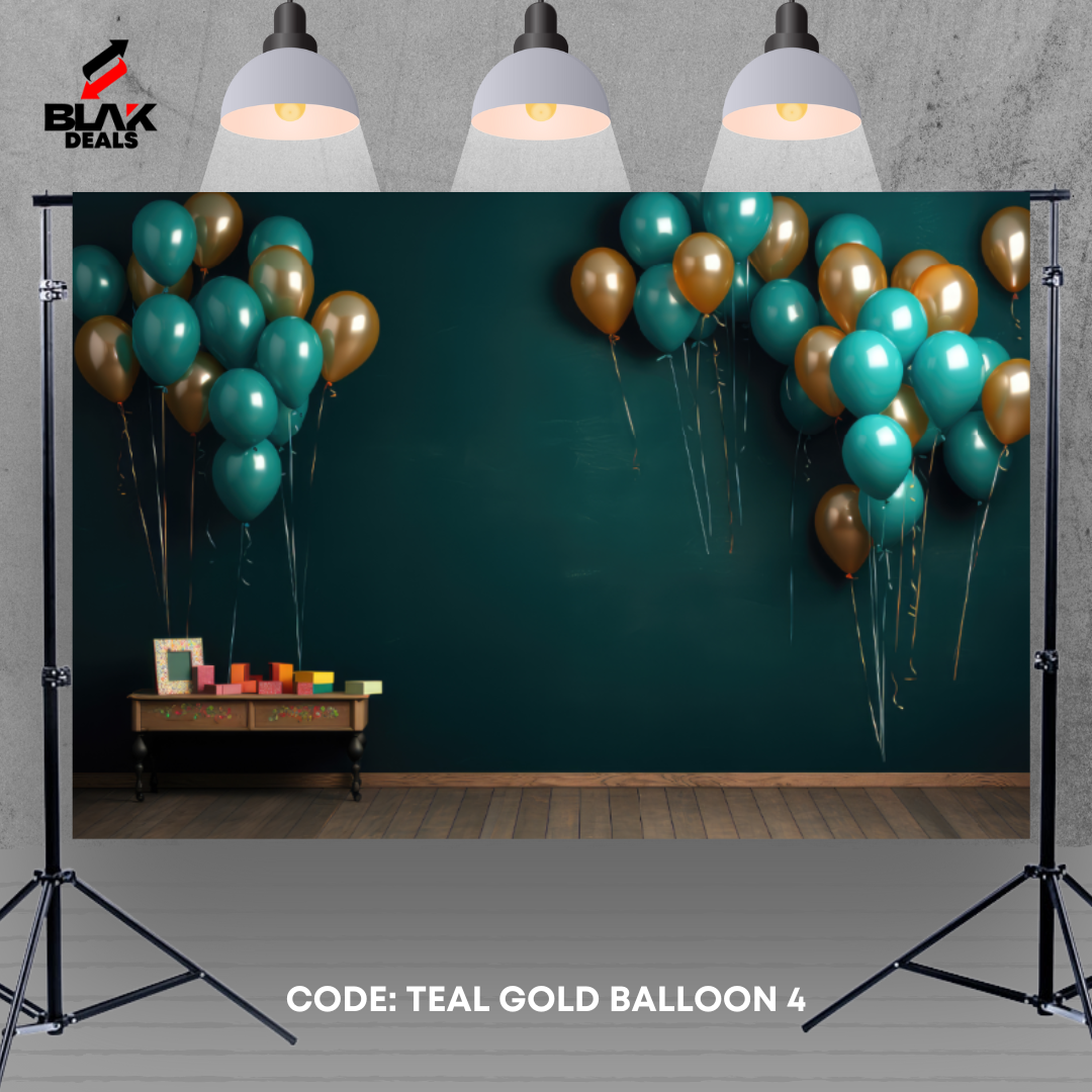 Teal Gold Balloon Birthday Family Portrait Photography Backdrop Photoshoot | BLAK Deals