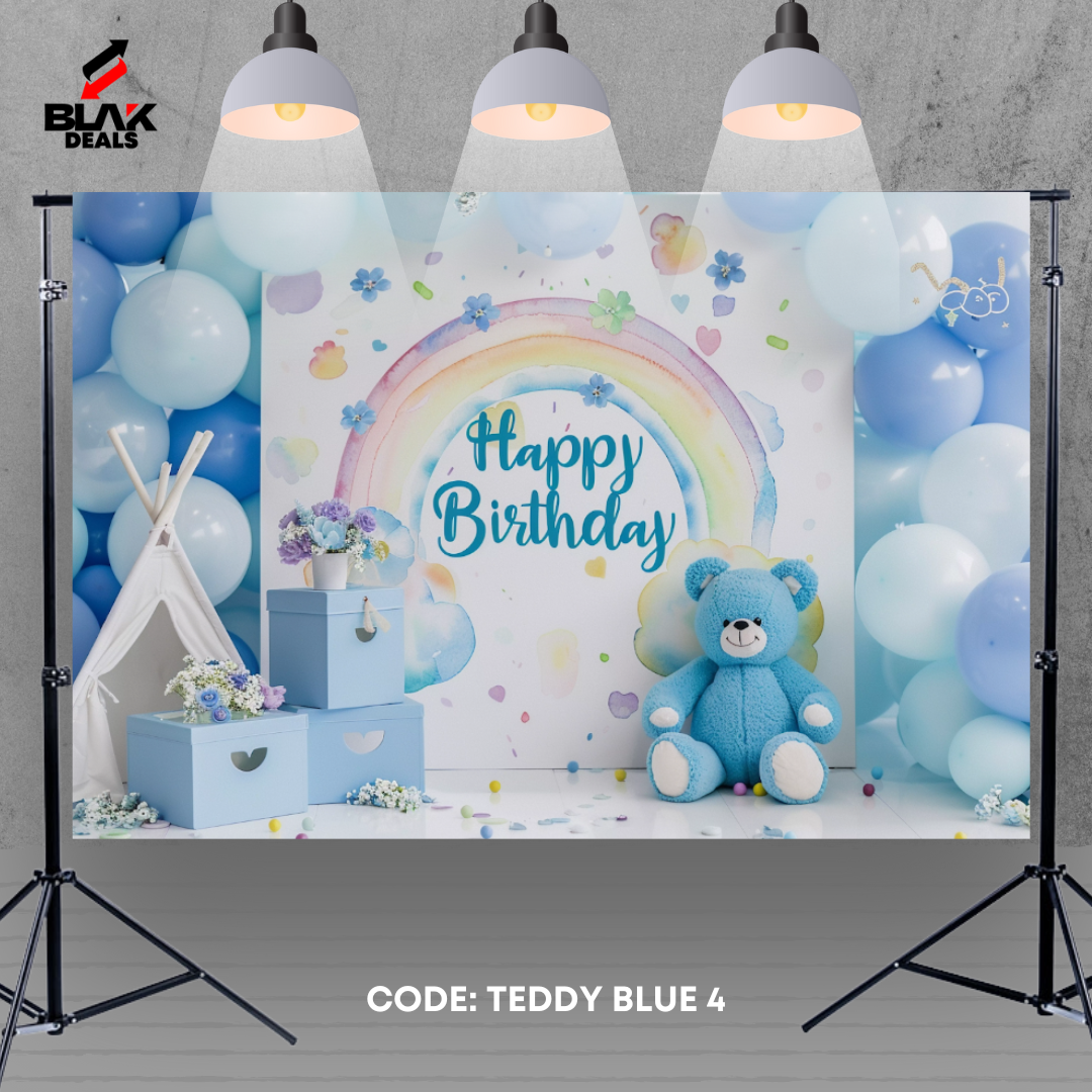 Teddy Blue Balloons Birthday Newborn Toddler Cake Smash Photography Backdrop Photoshoot | BLAK Deals