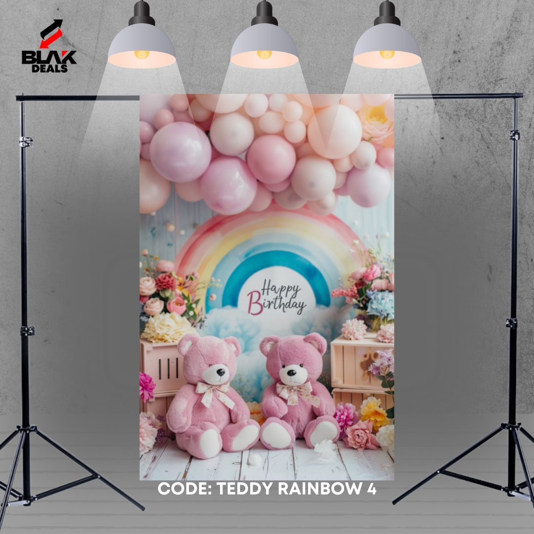 Teddy Rainbow Balloons Birthday Newborn Toddler Smash Photography Backdrop Photoshoot | BLAK Deals