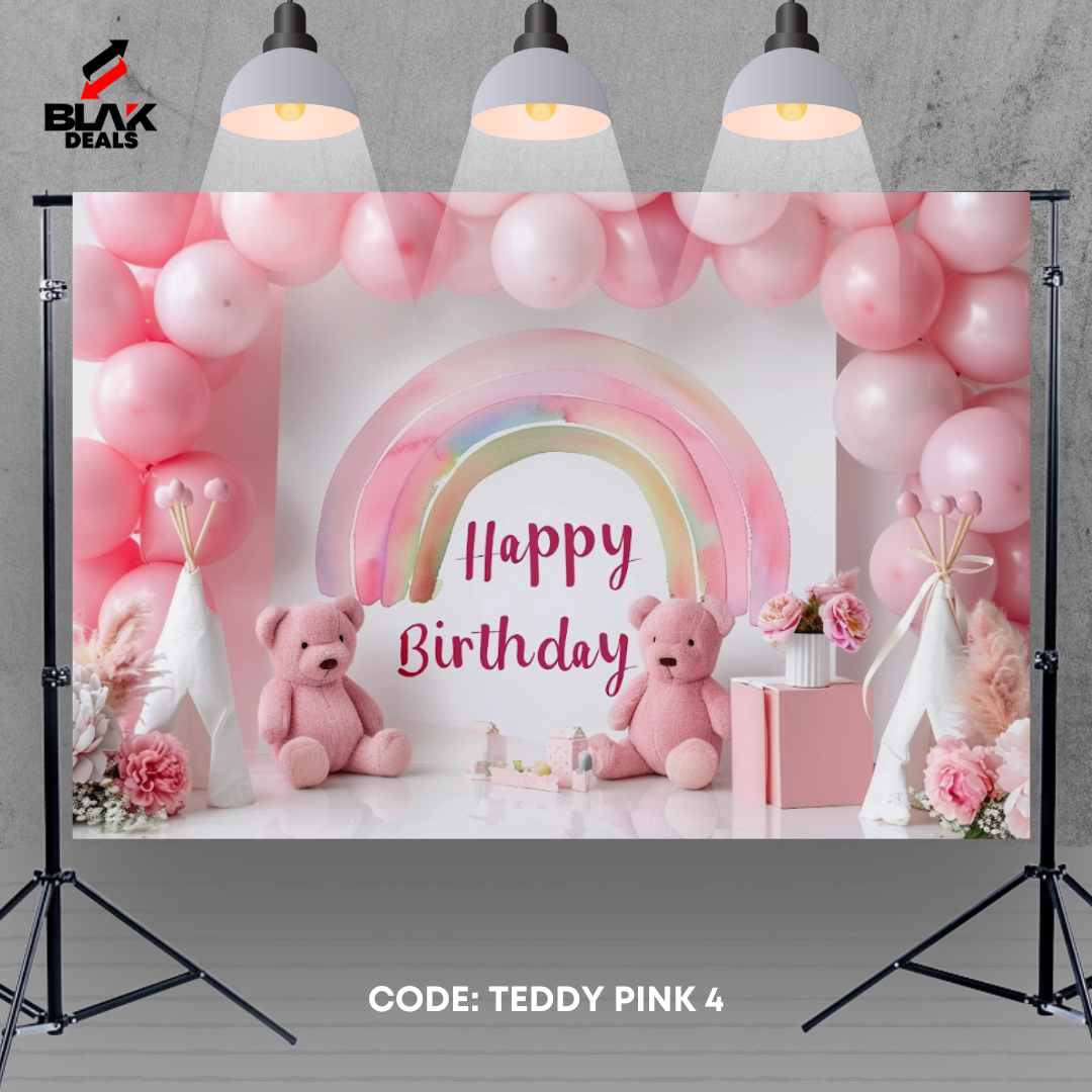 Teddy Pink Balloons Birthday Newborn Toddler Cake Smash Photography Backdrop Photoshoot | BLAK Deals