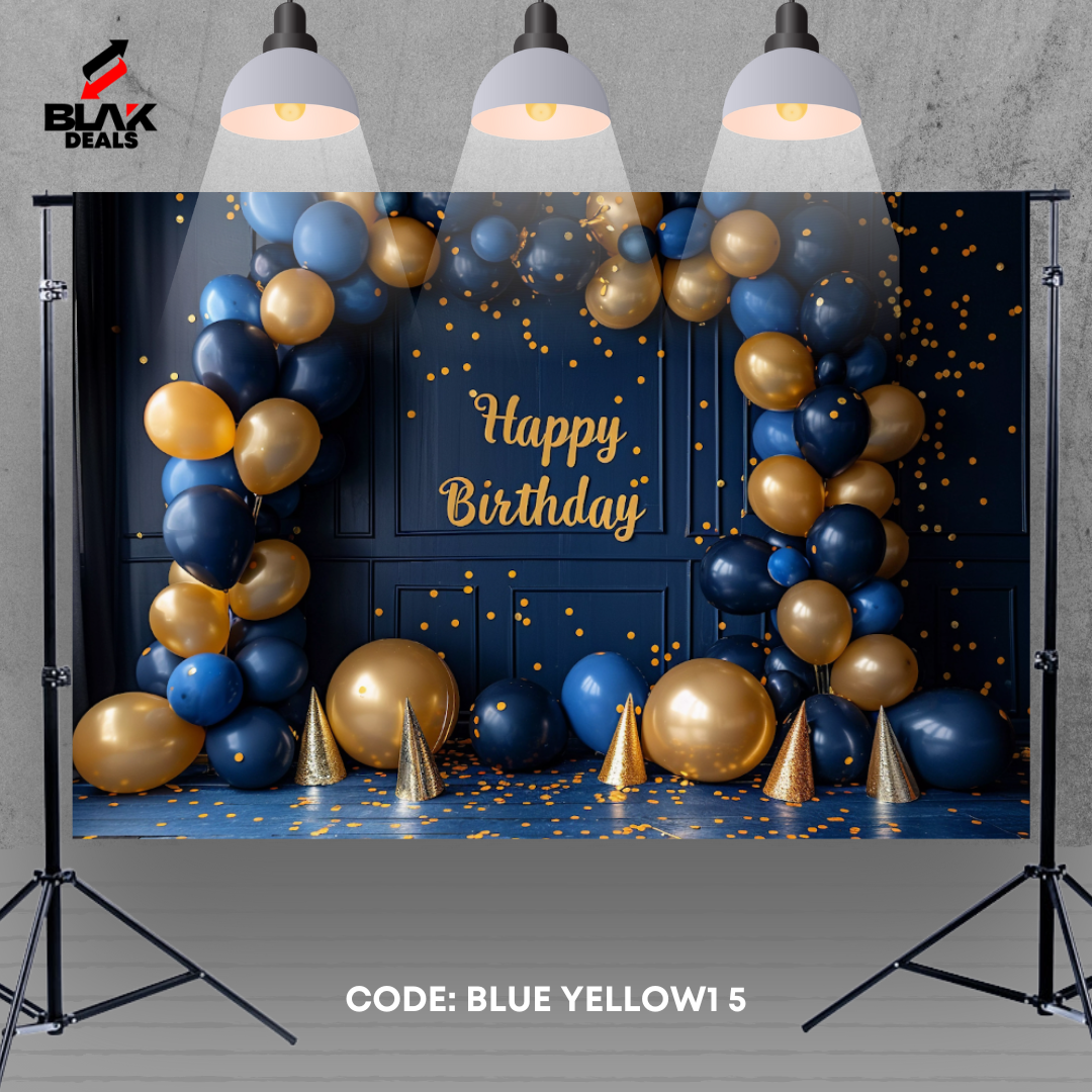 Blue Yellow Balloons Birthday Family Portrait Photography Backdrop Photoshoot | BLAK Deals