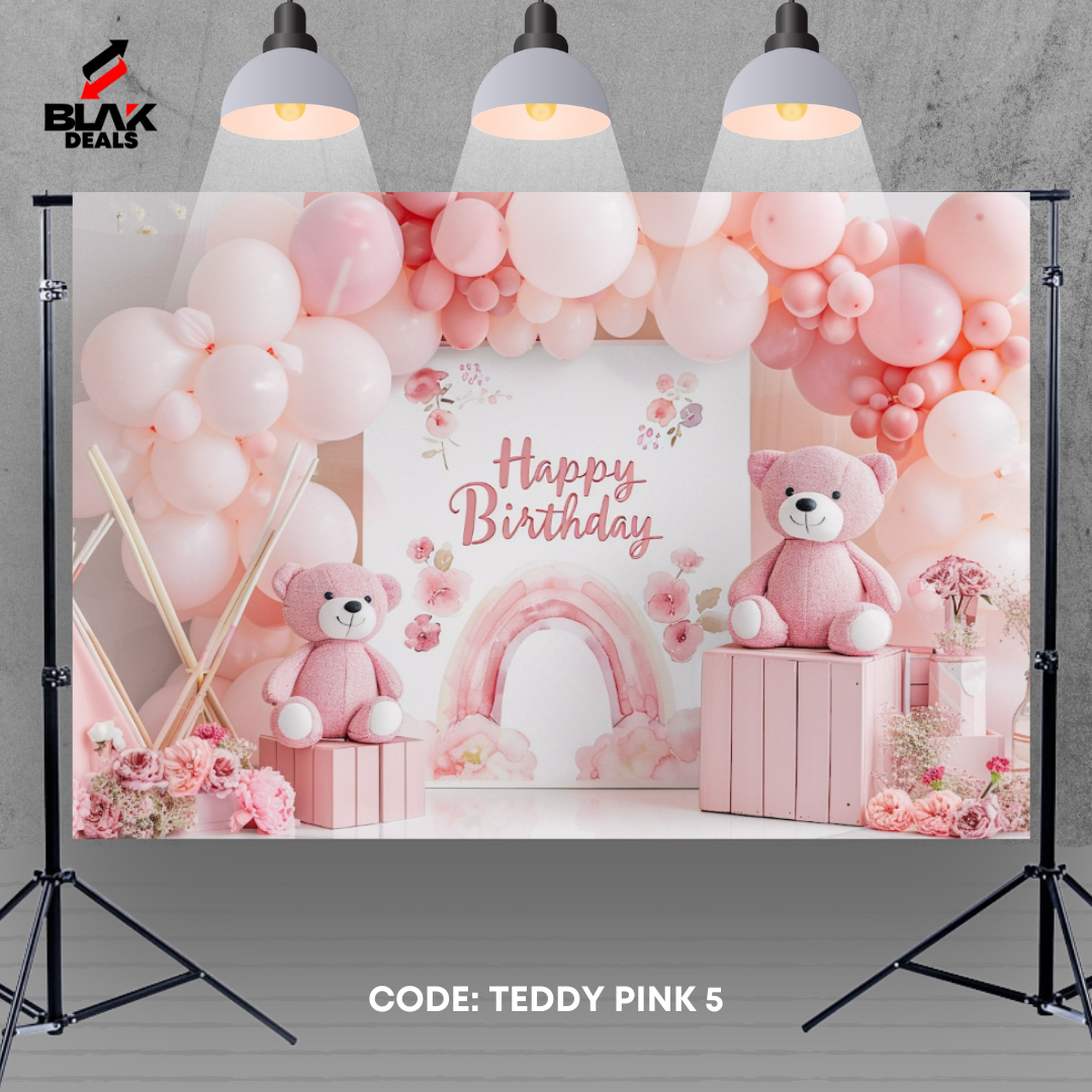 Teddy Pink Balloons Birthday Newborn Toddler Cake Smash Photography Backdrop Photoshoot | BLAK Deals