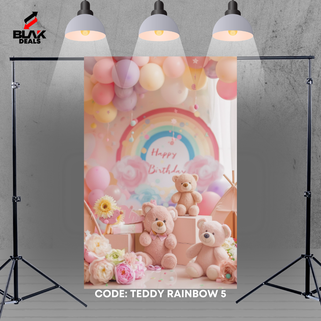 Teddy Rainbow Balloons Birthday Newborn Toddler Smash Photography Backdrop Photoshoot | BLAK Deals