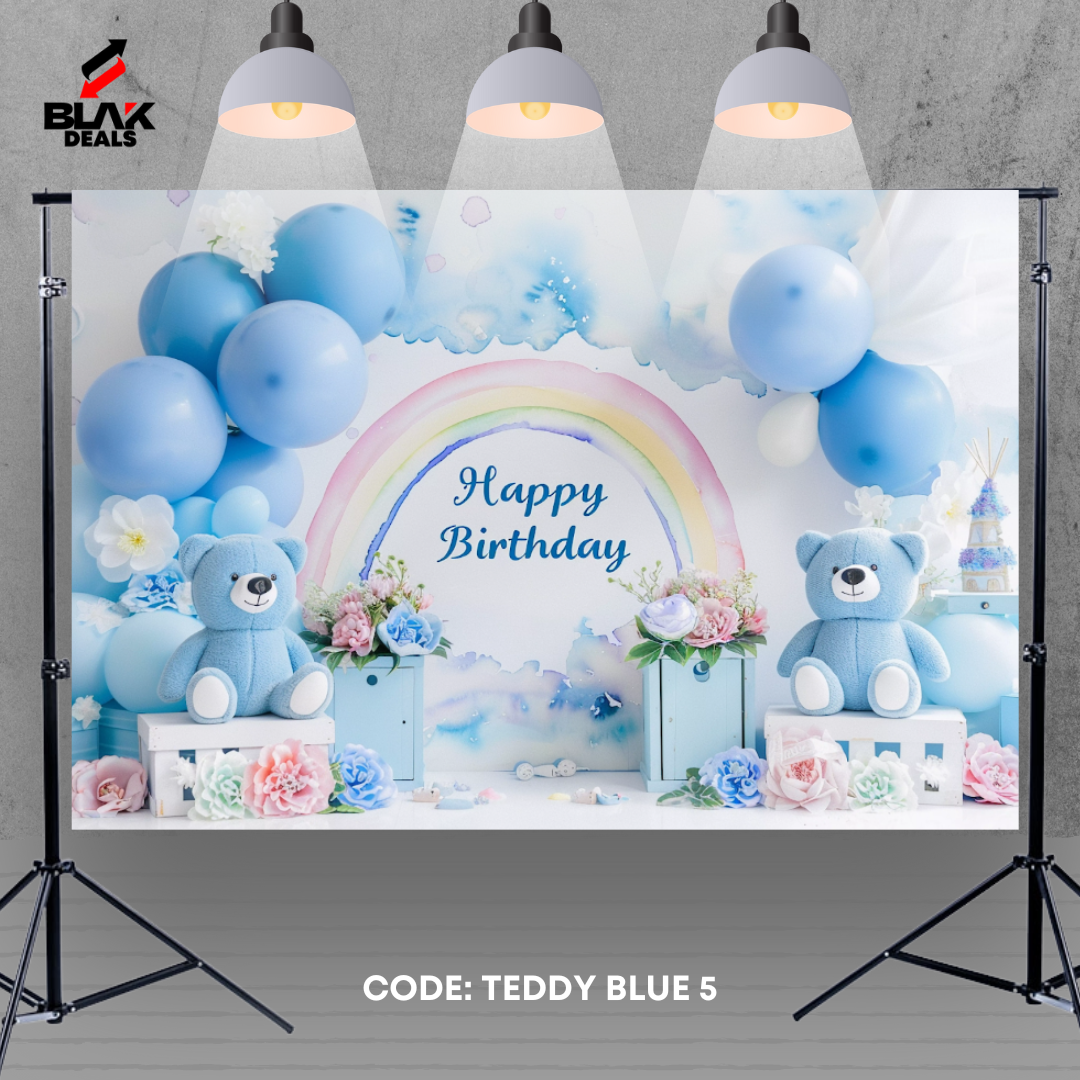 Teddy Blue Balloons Birthday Newborn Toddler Cake Smash Photography Backdrop Photoshoot | BLAK Deals