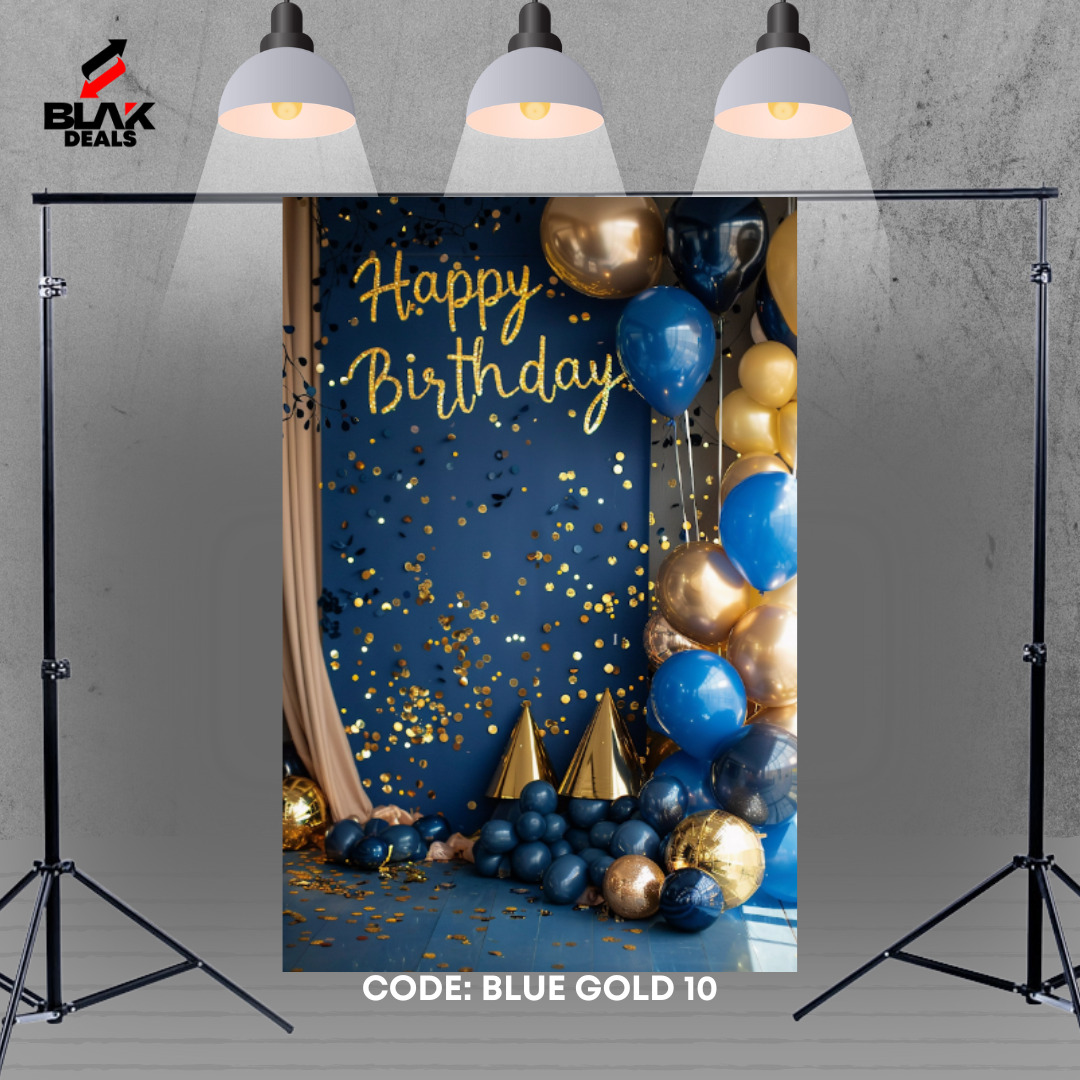 Blue Gold Balloons Birthday Family Portrait Photography Backdrop Photoshoot | BLAK Deals