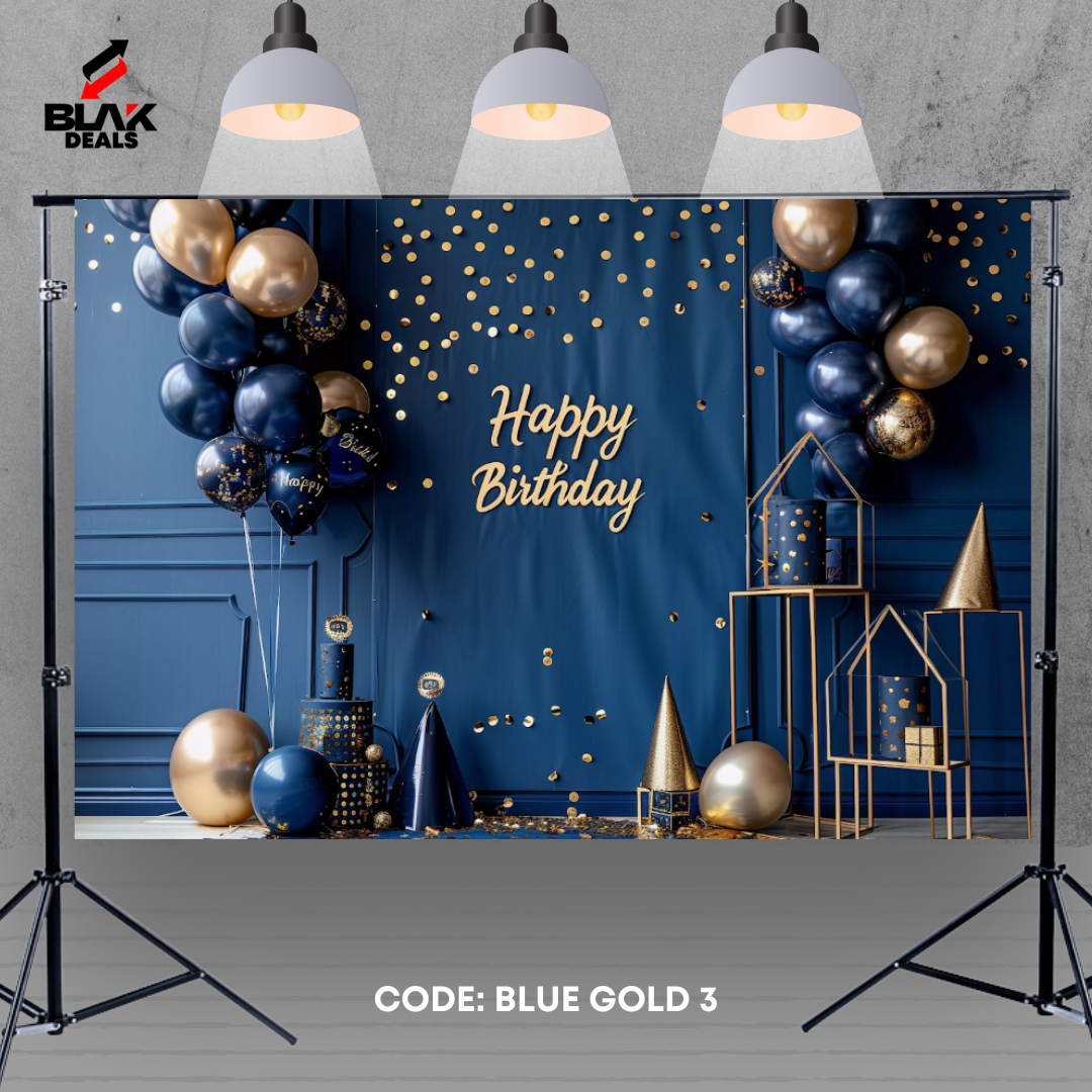 Blue Gold Balloons Birthday Family Portrait Photography Backdrop Photoshoot | BLAK Deals