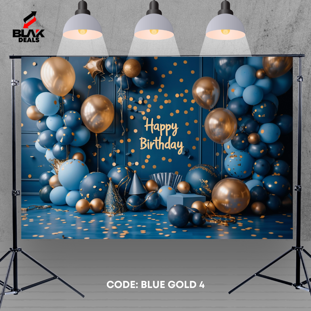 Blue Gold Balloons Birthday Family Portrait Photography Backdrop Photoshoot | BLAK Deals