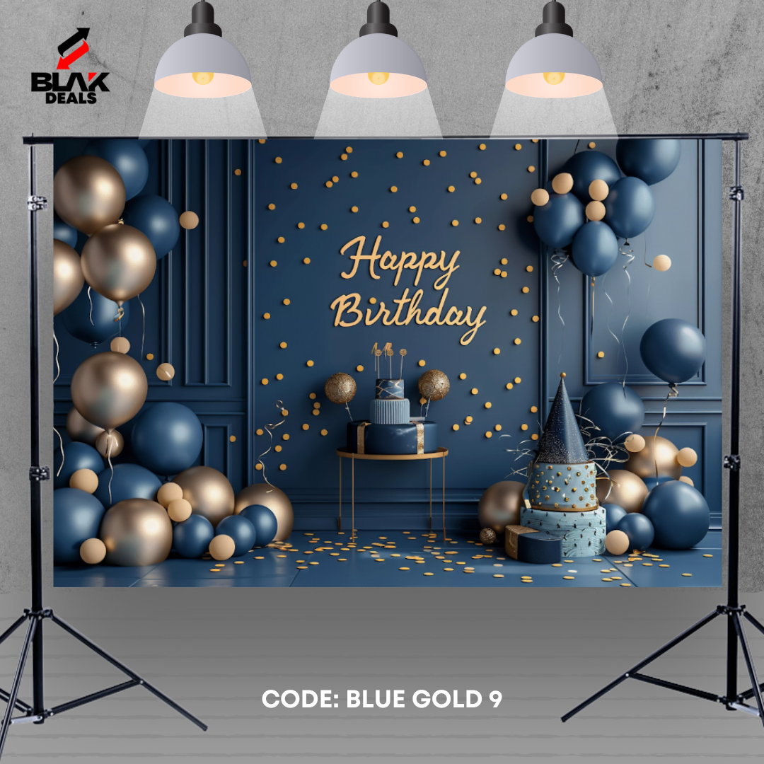 Blue Gold Balloons Birthday Family Portrait Photography Backdrop Photoshoot | BLAK Deals