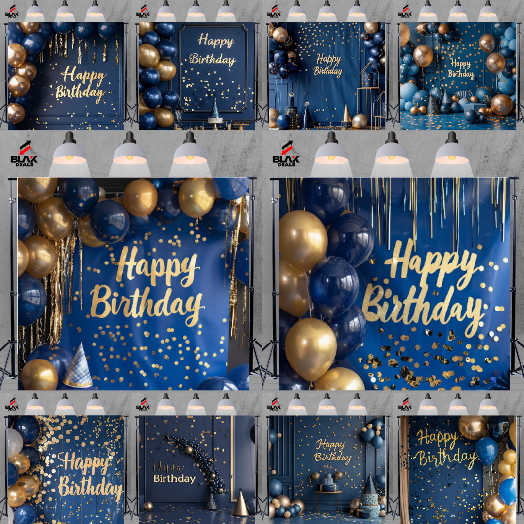 Blue Gold Balloons Birthday Family Portrait Photography Backdrop Photoshoot | BLAK Deals