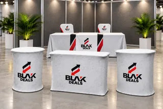 BLAK Deals podium tables and printed table covers