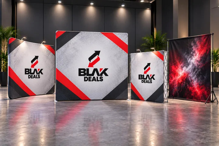 Branded fabric backdrop displays from the BLAK Deals catalog