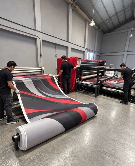 BLAK Deals production team operating a large-format fabric printing machine